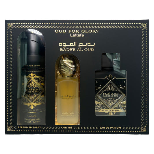 Lattafa Bade'e Al Oud For Glory 3-Piece Set 3.4oz EDP Spray